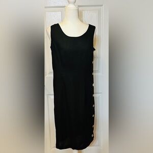 Carole Little Linen Dress Chic Black Side Buttons Sleeveless Knee Length Size 8